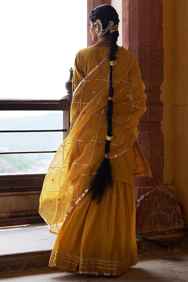 Mustard Silk Chanderi Wedding Sharara Set by Pink City By Sarika at Pernia's Pop Up Shop