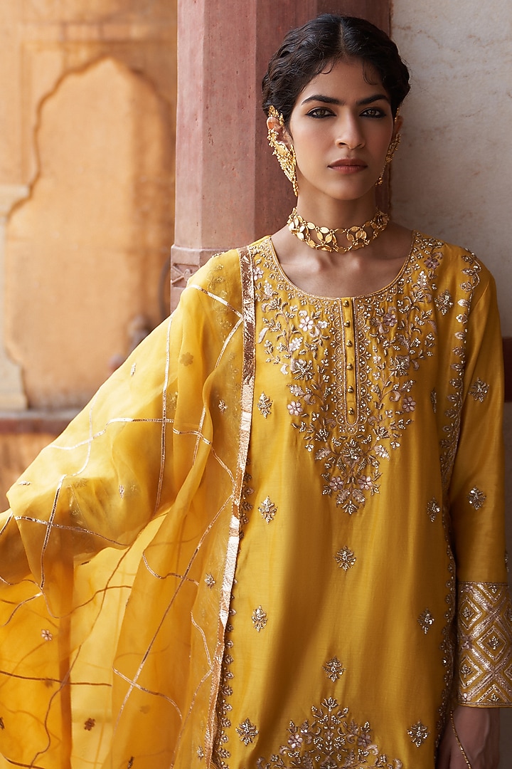 Mustard Silk Chanderi Wedding Sharara Set by Pink City By Sarika at Pernia's Pop Up Shop