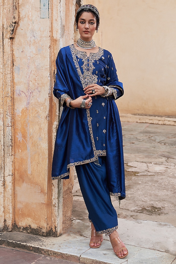 Blue Tissue Chanderi Paisley Embroidered Kurta Set by Pink City By Sarika at Pernia's Pop Up Shop