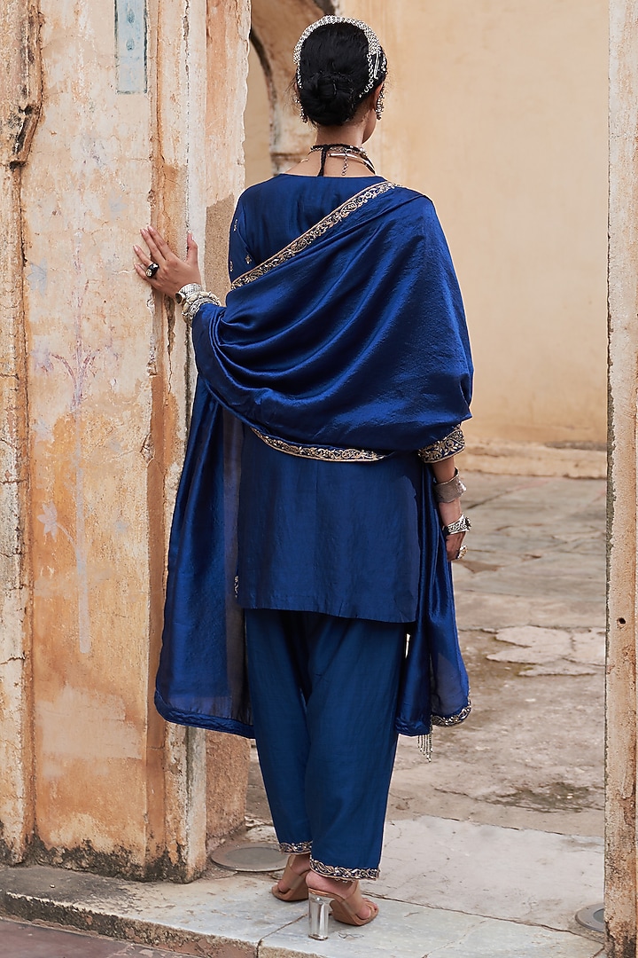Blue Tissue Chanderi Paisley Embroidered Kurta Set by Pink City By Sarika at Pernia's Pop Up Shop