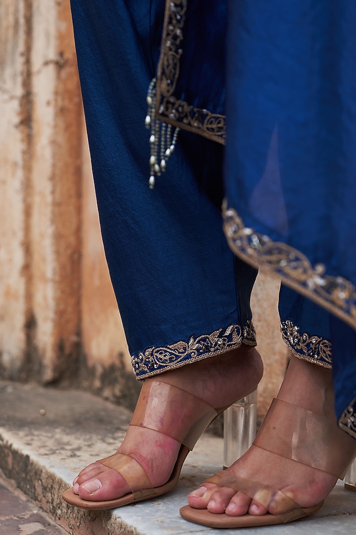 Blue Tissue Chanderi Paisley Embroidered Kurta Set by Pink City By Sarika at Pernia's Pop Up Shop