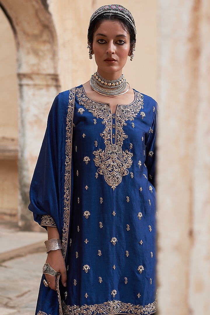 Blue Tissue Chanderi Paisley Embroidered Kurta Set by Pink City By Sarika at Pernia's Pop Up Shop