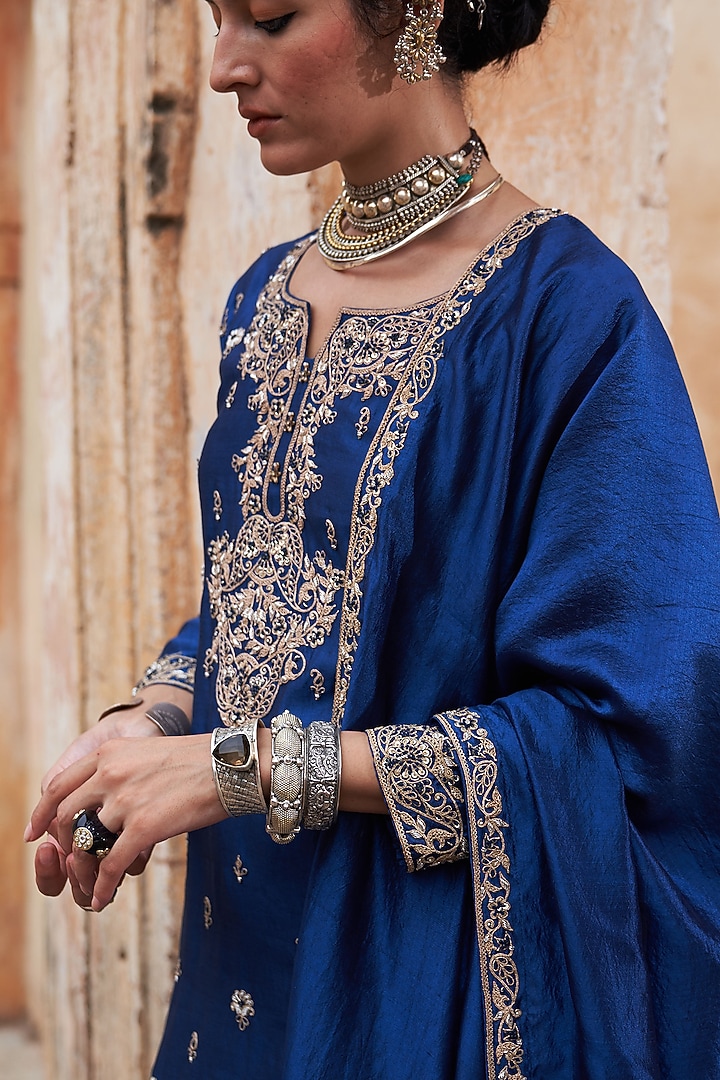 Blue Tissue Chanderi Paisley Embroidered Kurta Set by Pink City By Sarika at Pernia's Pop Up Shop