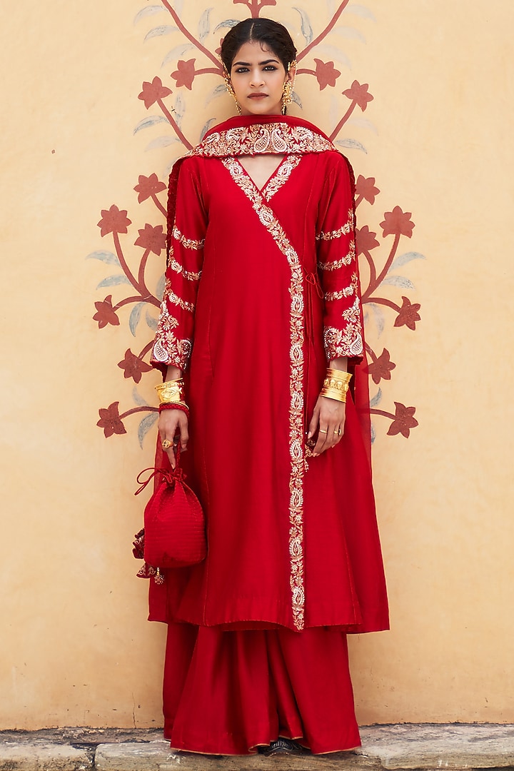 Red Silk Chanderi Paisley Embroidered Angrakha Kurta Set by Pink City By Sarika at Pernia's Pop Up Shop