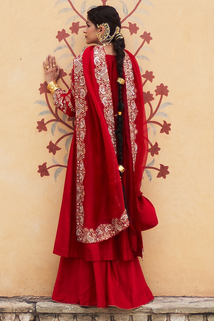 Red Silk Chanderi Paisley Embroidered Angrakha Kurta Set by Pink City By Sarika at Pernia's Pop Up Shop
