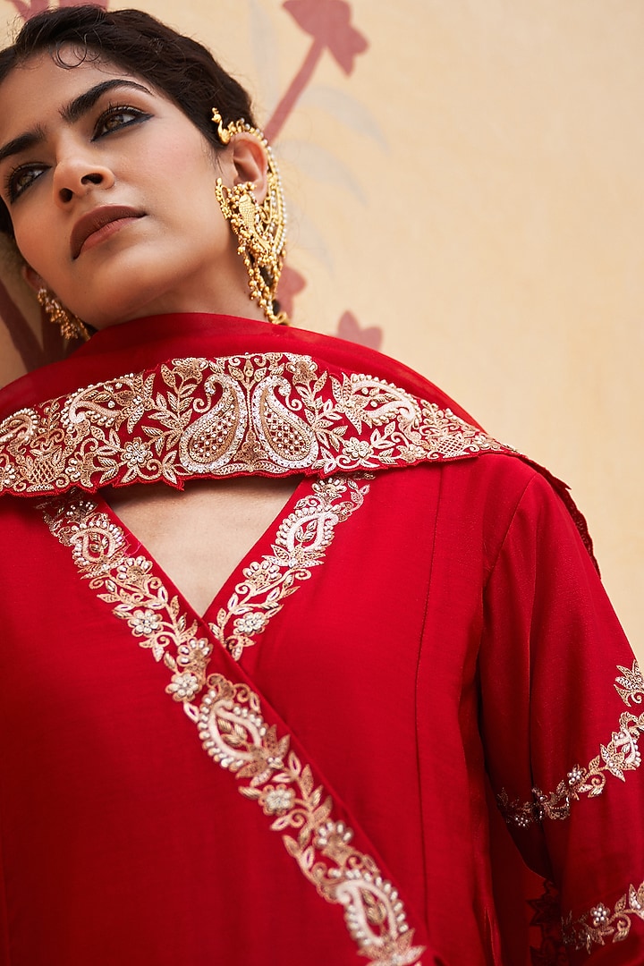 Red Silk Chanderi Paisley Embroidered Angrakha Kurta Set by Pink City By Sarika at Pernia's Pop Up Shop