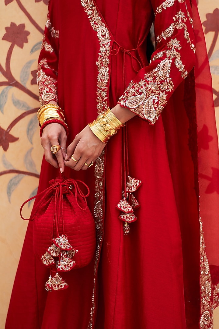 Red Silk Chanderi Paisley Embroidered Angrakha Kurta Set by Pink City By Sarika at Pernia's Pop Up Shop