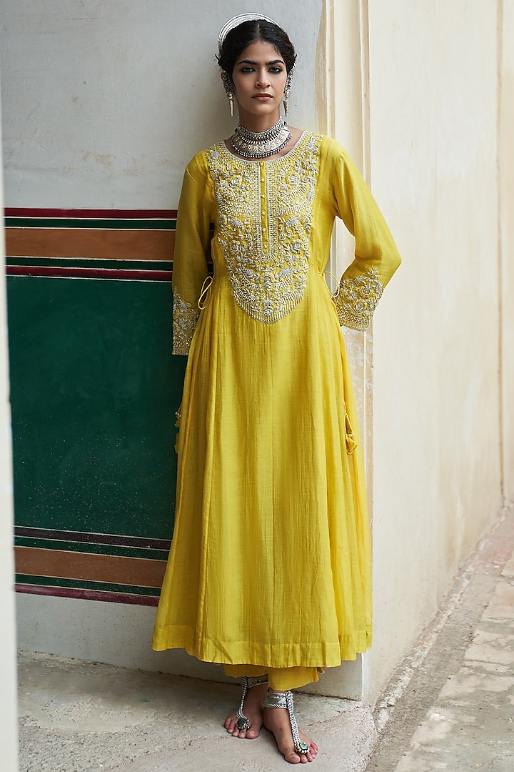 Lime Silk Chanderi Resham & Pearl Embroidered Kalidar Anarkali Set by Pink City By Sarika at Pernia's Pop Up Shop