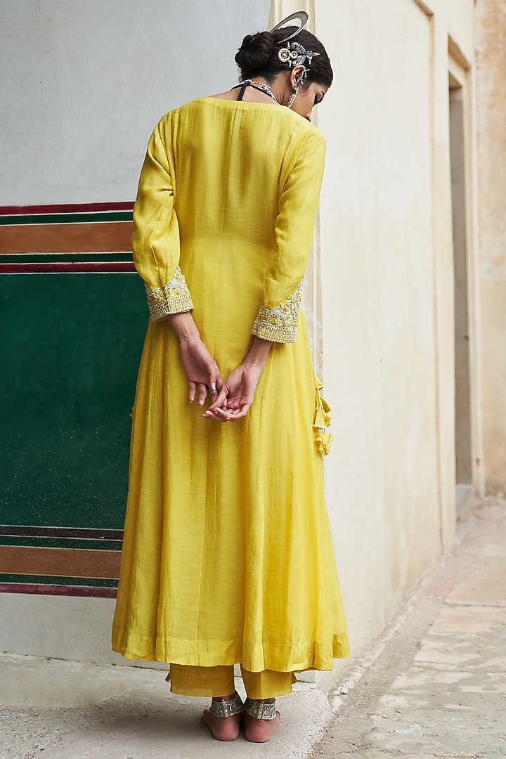 Lime Silk Chanderi Resham & Pearl Embroidered Kalidar Wedding Anarkali Set by Pink City By Sarika at Pernia's Pop Up Shop