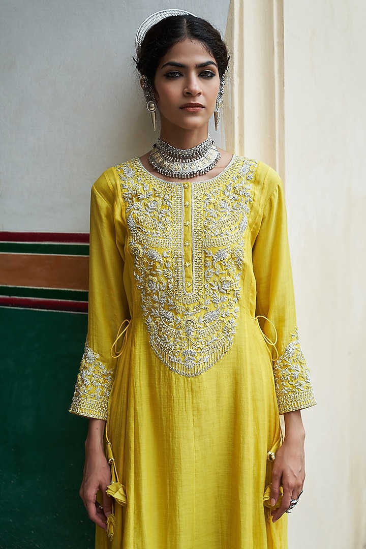 Lime Silk Chanderi Resham & Pearl Embroidered Kalidar Wedding Anarkali Set by Pink City By Sarika at Pernia's Pop Up Shop