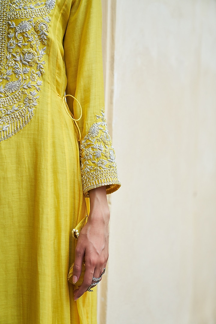 Lime Silk Chanderi Resham & Pearl Embroidered Kalidar Wedding Anarkali Set by Pink City By Sarika at Pernia's Pop Up Shop