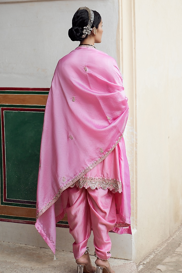 Pink Silk Chanderi Pearl Embroidered Kurta Set by Pink City By Sarika at Pernia's Pop Up Shop