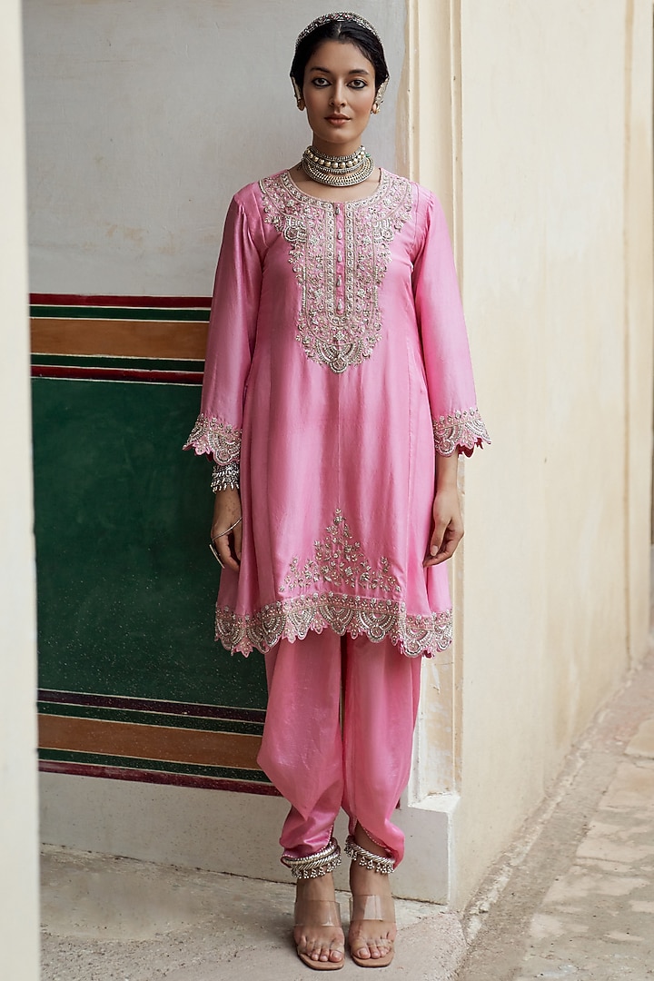 Pink Silk Chanderi Pearl Embroidered Kurta Set by Pink City By Sarika at Pernia's Pop Up Shop