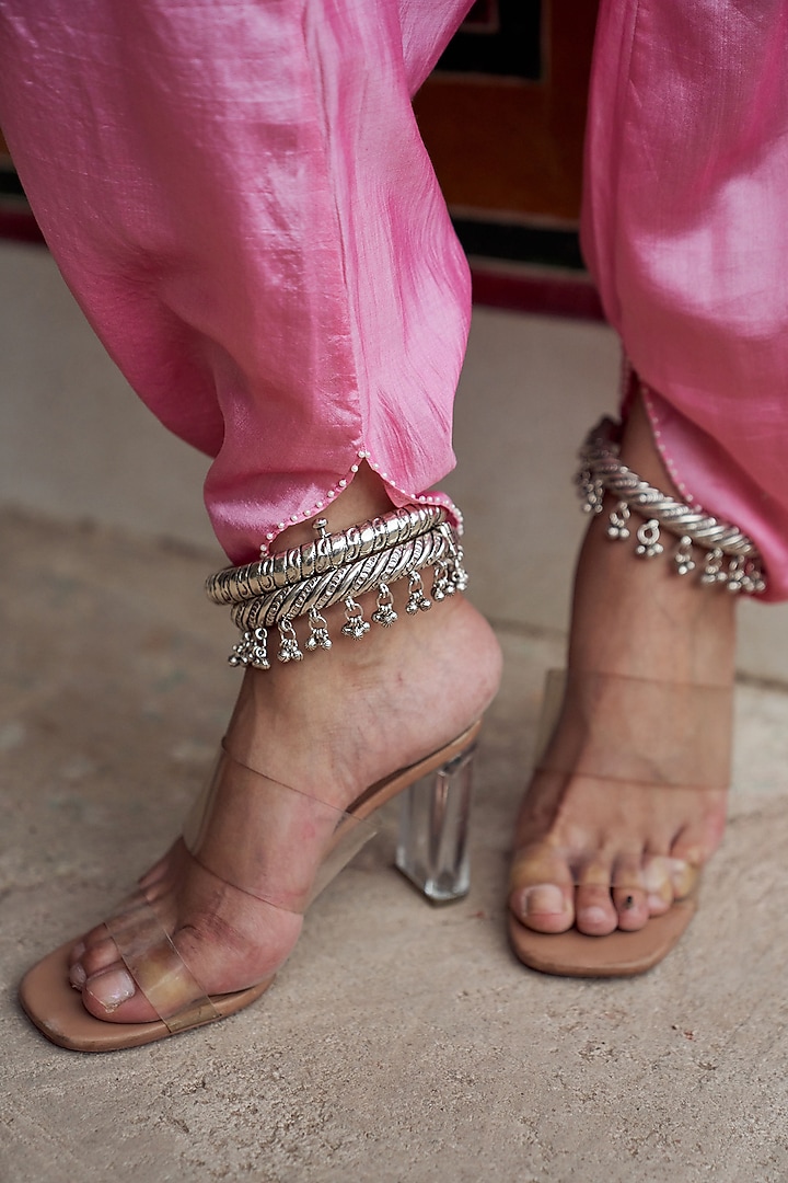 Pink Silk Chanderi Pearl Embroidered Kurta Set by Pink City By Sarika at Pernia's Pop Up Shop
