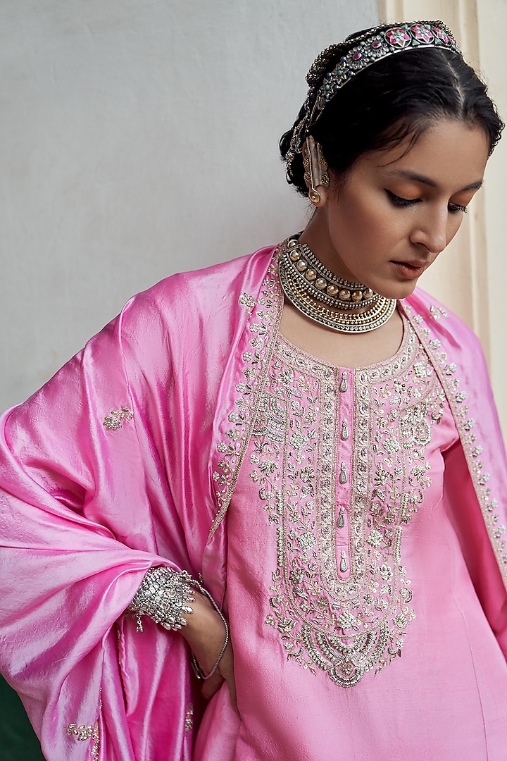Pink Silk Chanderi Pearl Embroidered Kurta Set by Pink City By Sarika at Pernia's Pop Up Shop