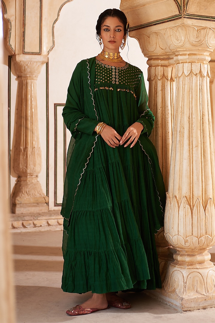 Green Chanderi Kasab Embroidered Anarkali Set by Pink City By Sarika