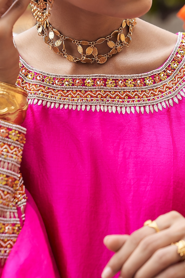 Hot Pink Silk Chanderi Bead Embroidered Kurta Set by Pink City By Sarika at Pernia's Pop Up Shop