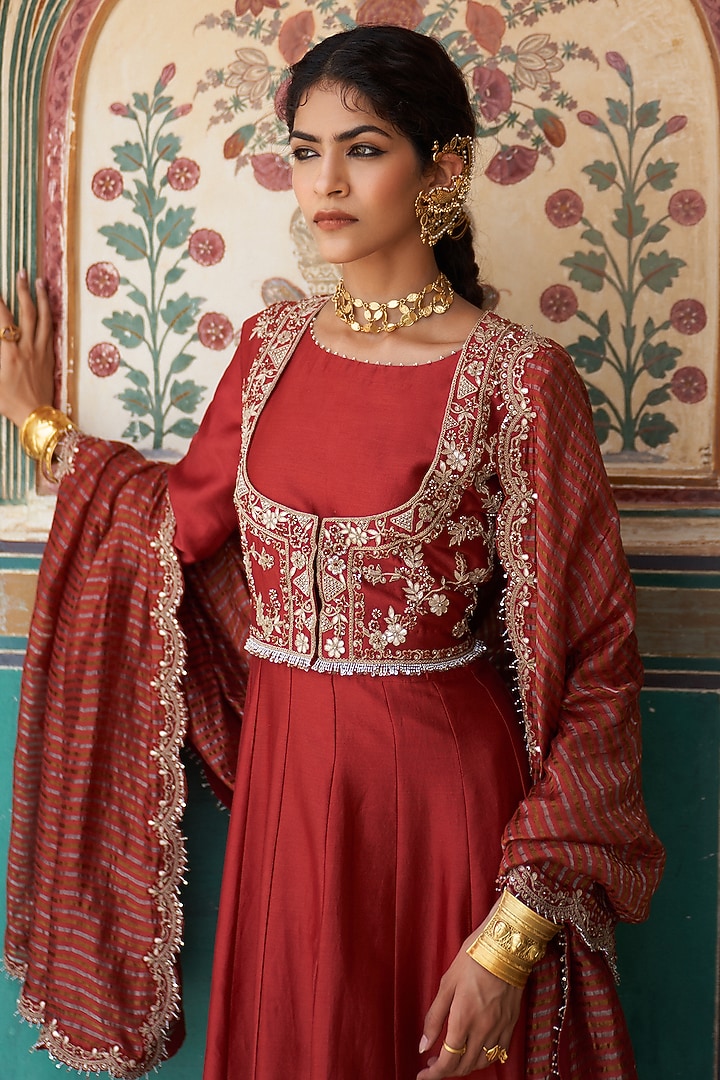 Rust Orange Silk Chanderi Bridal Anarkali Set by Pink City By Sarika at Pernia's Pop Up Shop