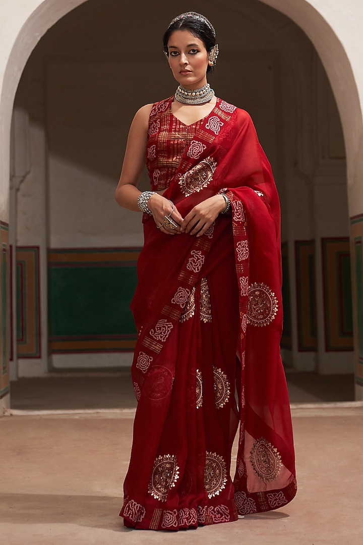 Red Organza & Cotton Gharchola Saree Set by Pink City By Sarika at Pernia's Pop Up Shop