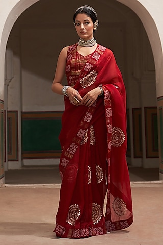 Red Organza & Cotton Gharchola Saree Set by Pink City By Sarika