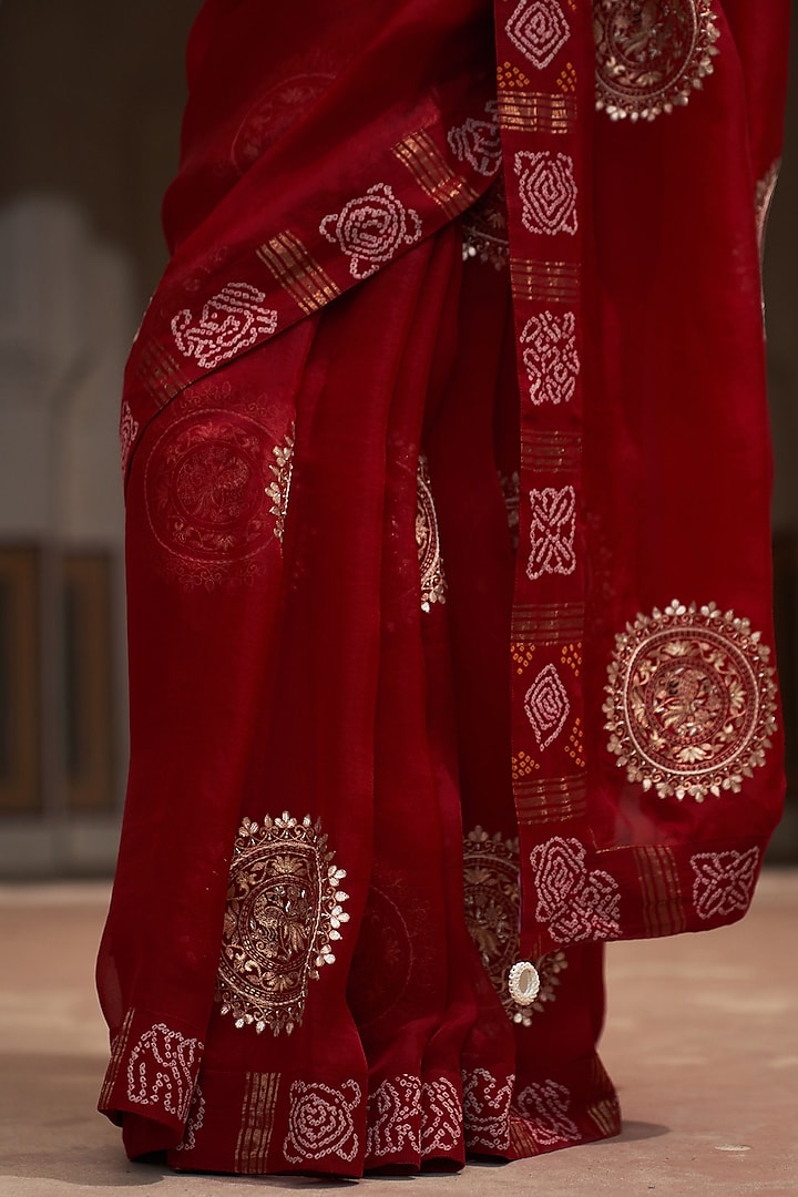 Red Organza & Cotton Gharchola Wedding Saree Set by Pink City By Sarika at Pernia's Pop Up Shop