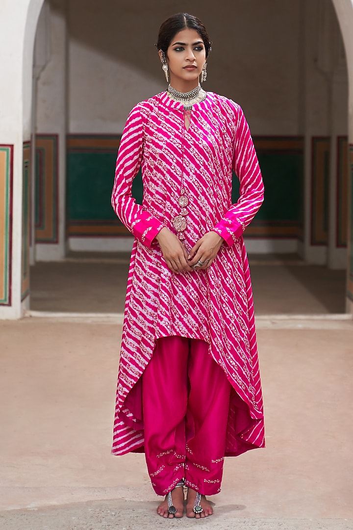 Rani Pink Silk Embroidered Leheriya Kurta Set by Pink City By Sarika at Pernia's Pop Up Shop