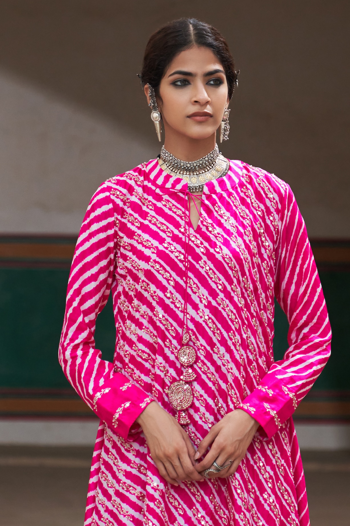 Rani Pink Silk Embroidered Leheriya Kurta Set by Pink City By