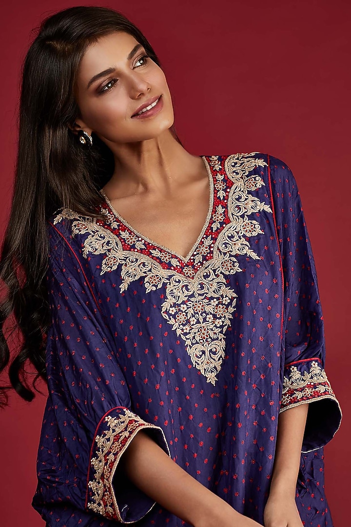 Indigo Blue Mirror Embellished Kaftan Set by Pink City By Sarika at Pernia's Pop Up Shop