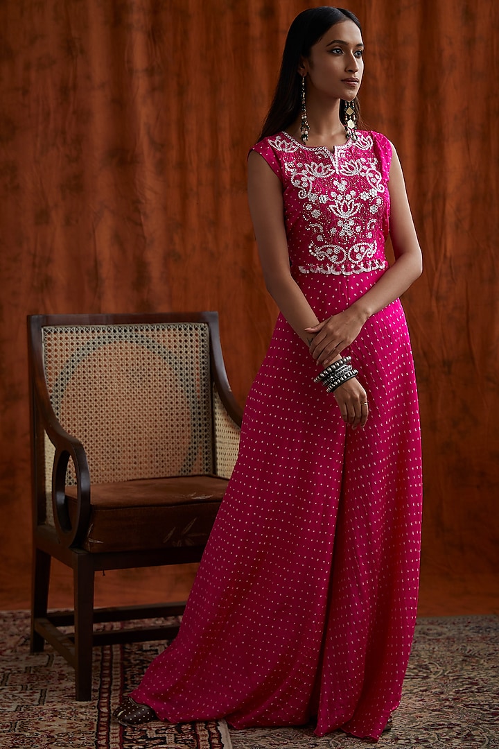 Hot Pink Bandhani Jumpsuit With Bag by Pink City By Sarika