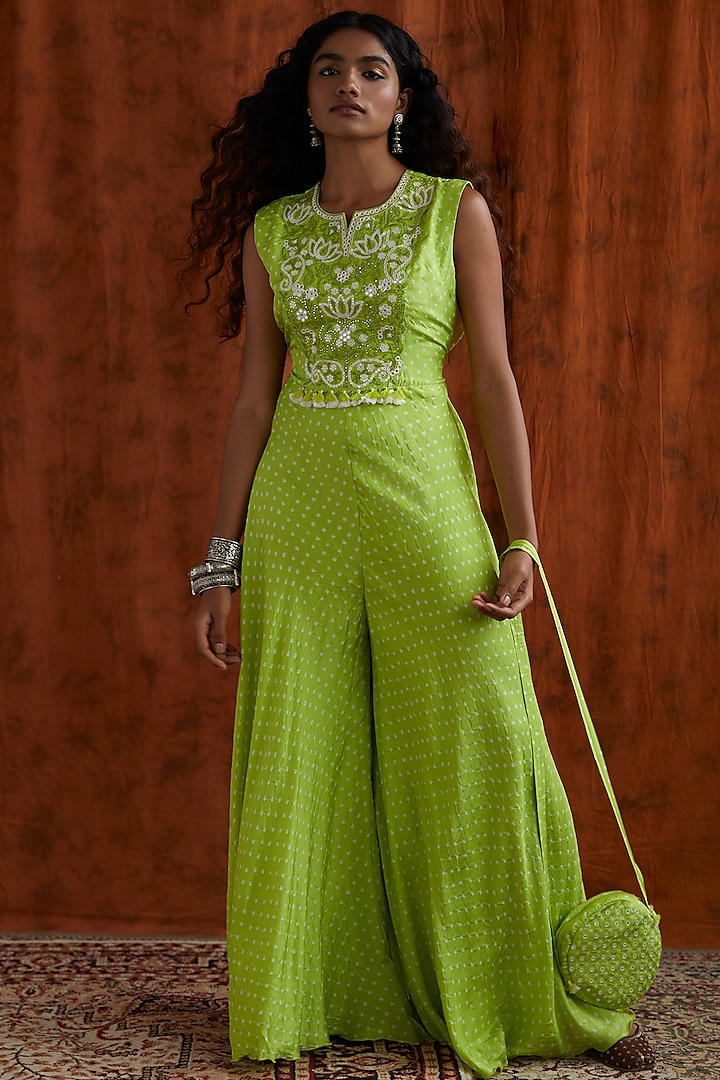 Lime Green Bandhani Jumpsuit With Bag by Pink City By Sarika