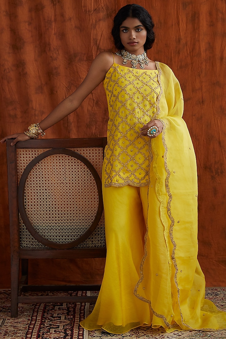 Yellow Organza Sharara Set by Pink City By Sarika