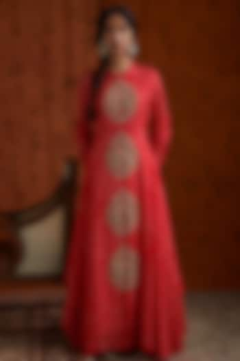 Red Peacock Embroidered Gown by Pink City By Sarika at Pernia's Pop Up Shop