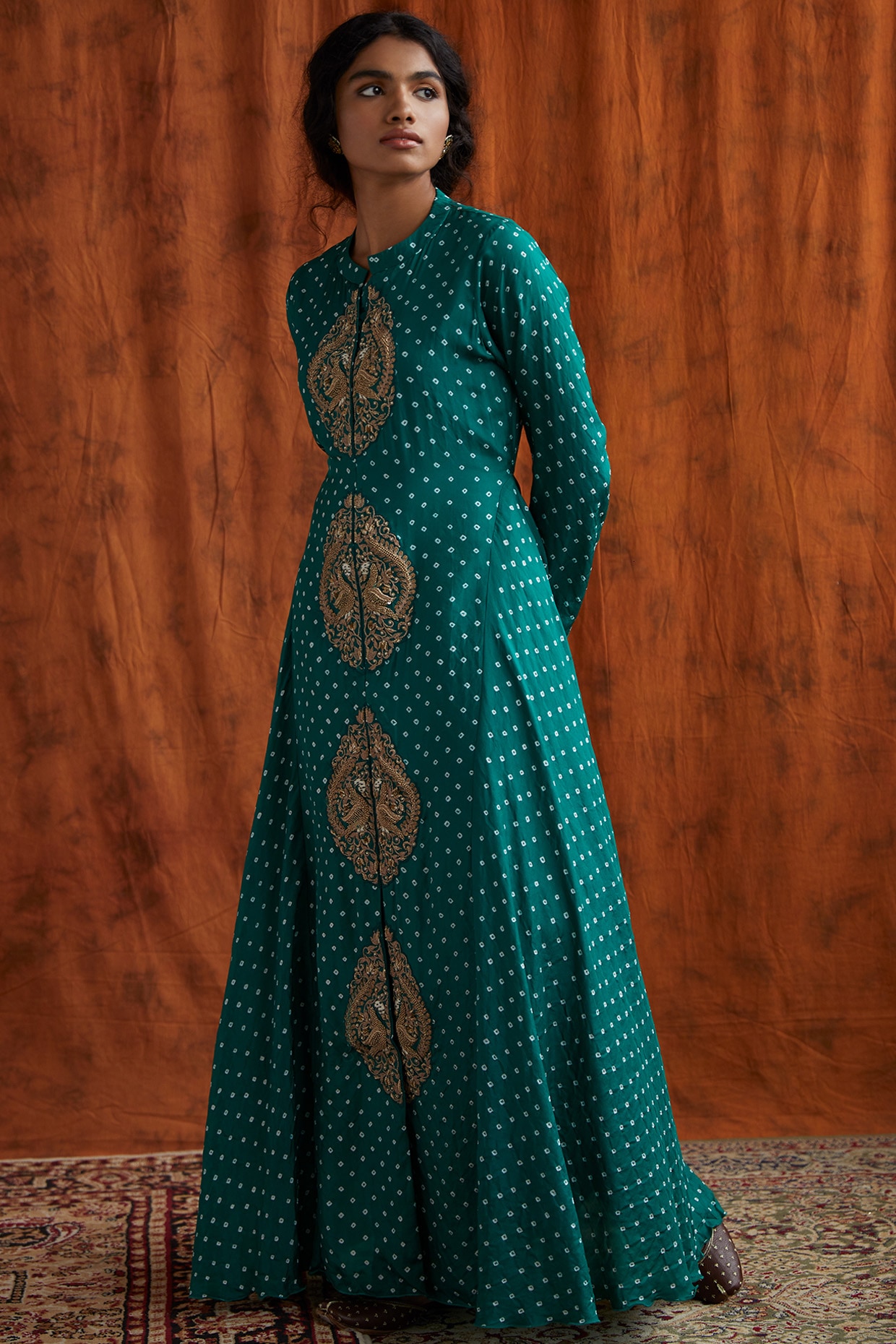 Dark Green Bandhani Printed Anarkali Style Long Gown