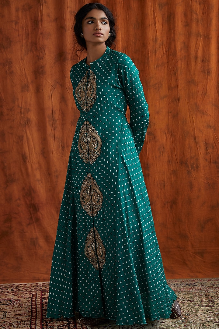Green Peacock Embroidered Gown by Pink City By Sarika