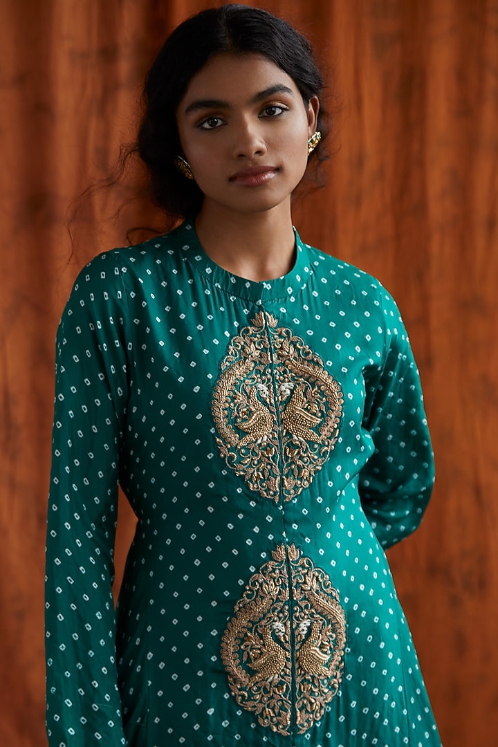 Green Peacock Embroidered Engagement Gown by Pink City By Sarika at Pernia's Pop Up Shop