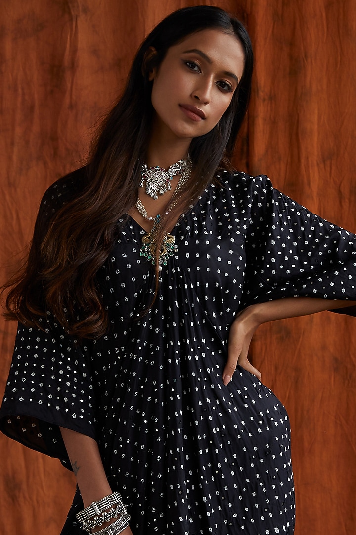 Black Silk Kaftan With Potli by Pink City By Sarika at Pernia's Pop Up Shop