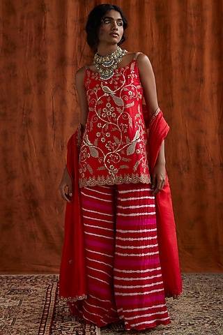 Red & Hot Pink Leheriya Sharara Set by Pink City By Sarika