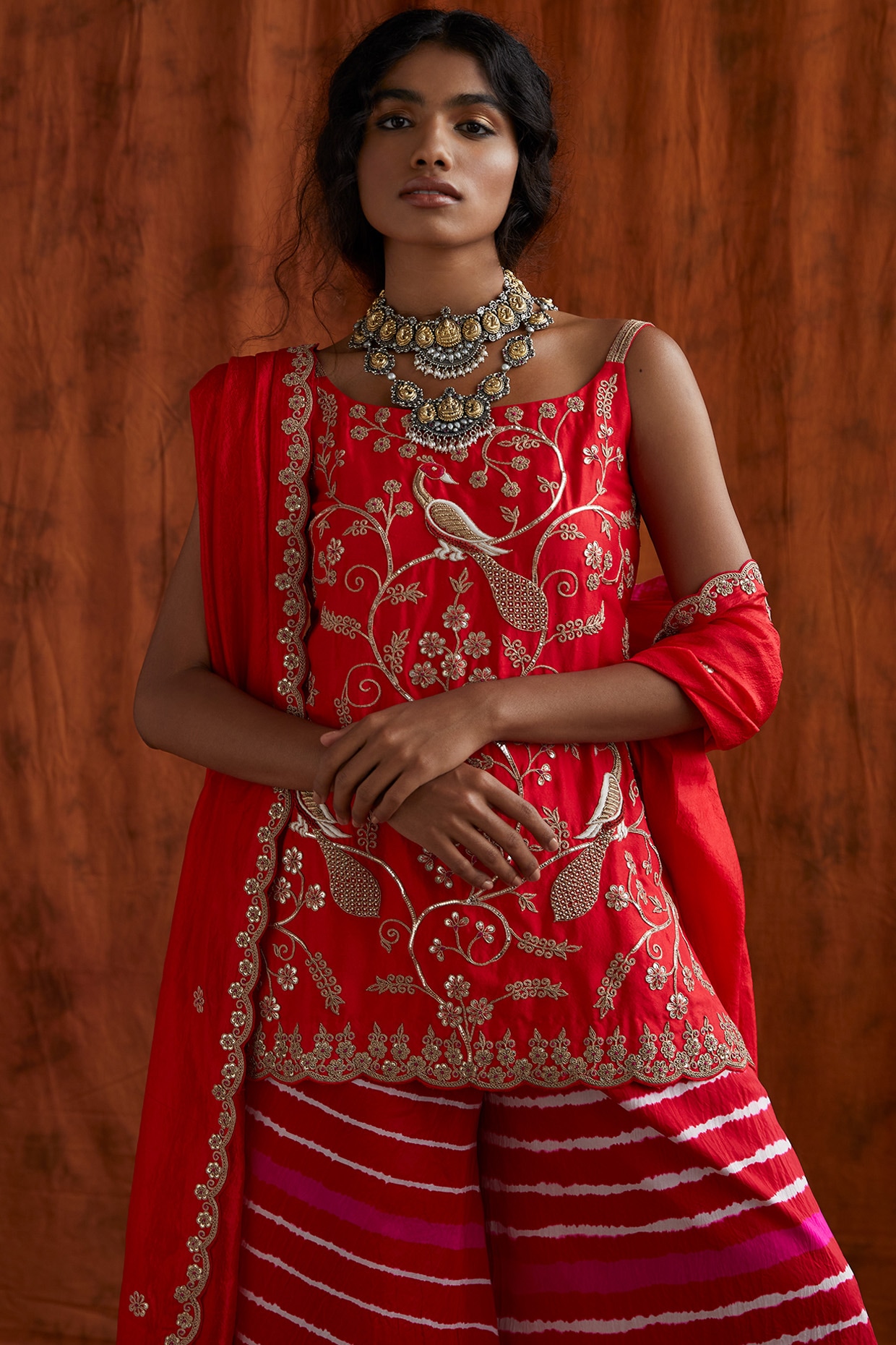 Buy Red Sharara And Peplum Suit In Georgette With Bandhani Design, Mirror  Work And Bell Sleeves