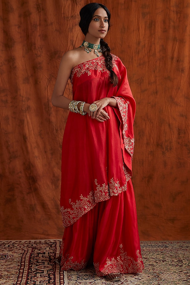 Red Zari Embroidered Cape Set by Pink City By Sarika