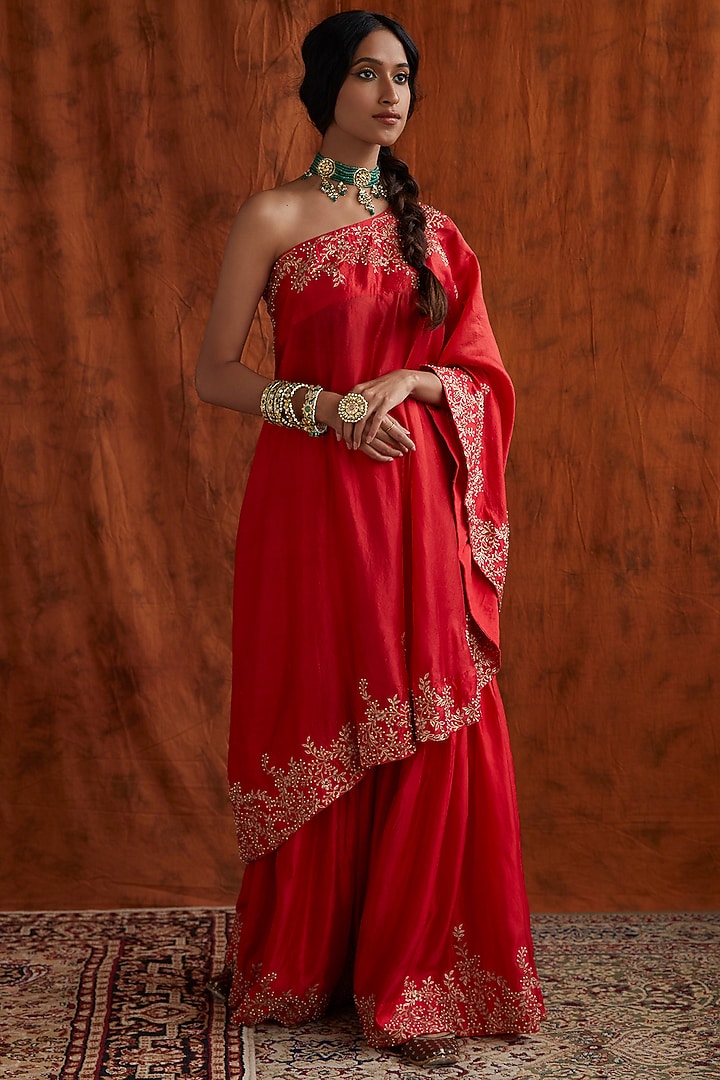 Red Zari Embroidered Cape Set by Pink City By Sarika at Pernia's Pop Up Shop