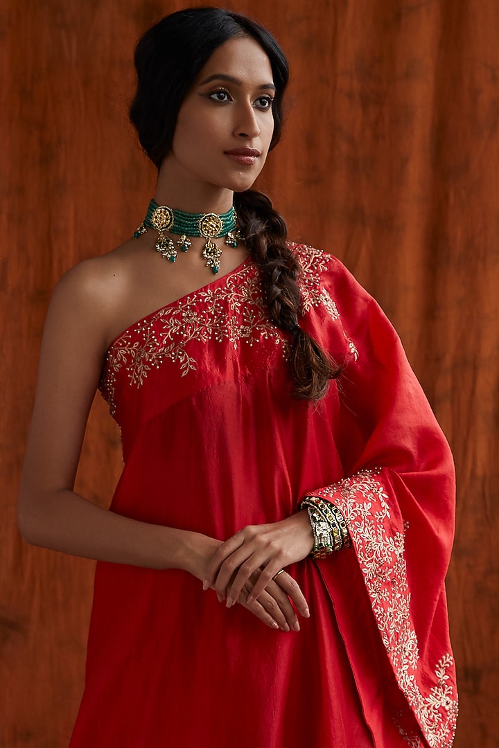 Red Zari Embroidered Cape Set by Pink City By Sarika at Pernia's Pop Up Shop