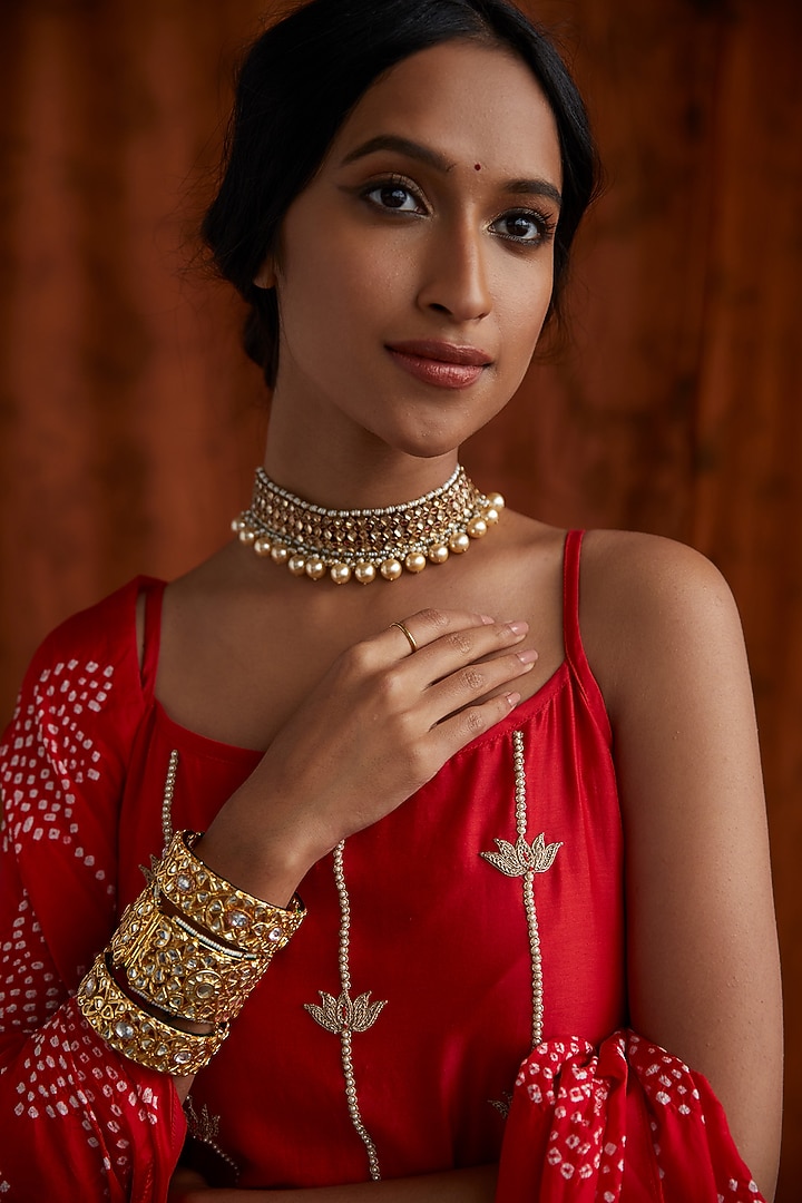 Red Pearls Embroidered Kurta Set by Pink City By Sarika at Pernia's Pop Up Shop