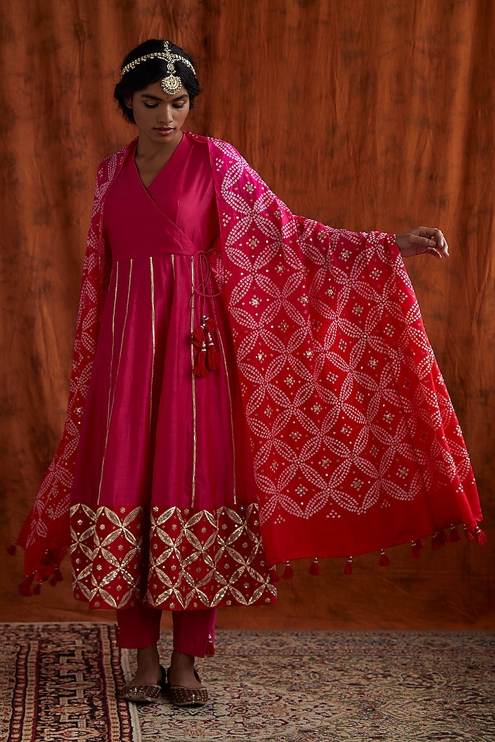 Rani Pink & Red Embroidered Angrakha Anarkali Set by Pink City By Sarika