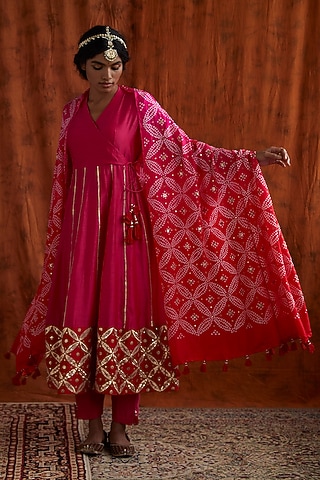 Rani Pink & Red Embroidered Angrakha Anarkali Set by Pink City By Sarika