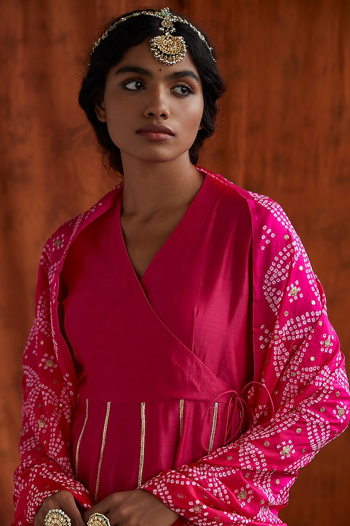 Rani Pink & Red Embroidered Angrakha Wedding Anarkali Set by Pink City By Sarika at Pernia's Pop Up Shop