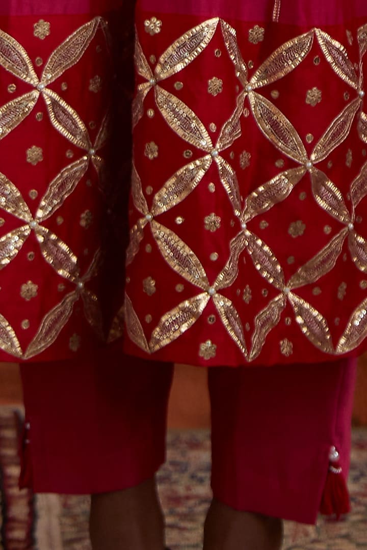 Rani Pink & Red Embroidered Angrakha Wedding Anarkali Set by Pink City By Sarika at Pernia's Pop Up Shop