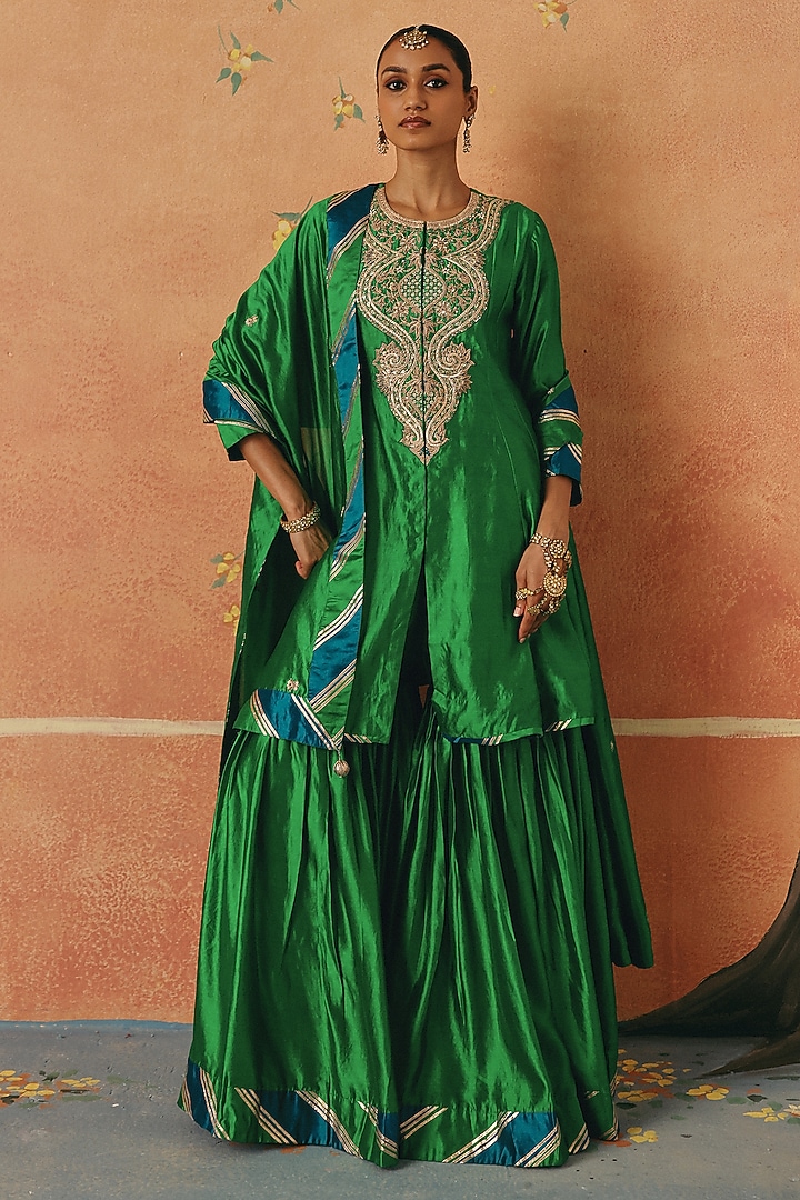 Green Silk Chanderi Wedding Sharara Set by Pink City By Sarika at Pernia's Pop Up Shop