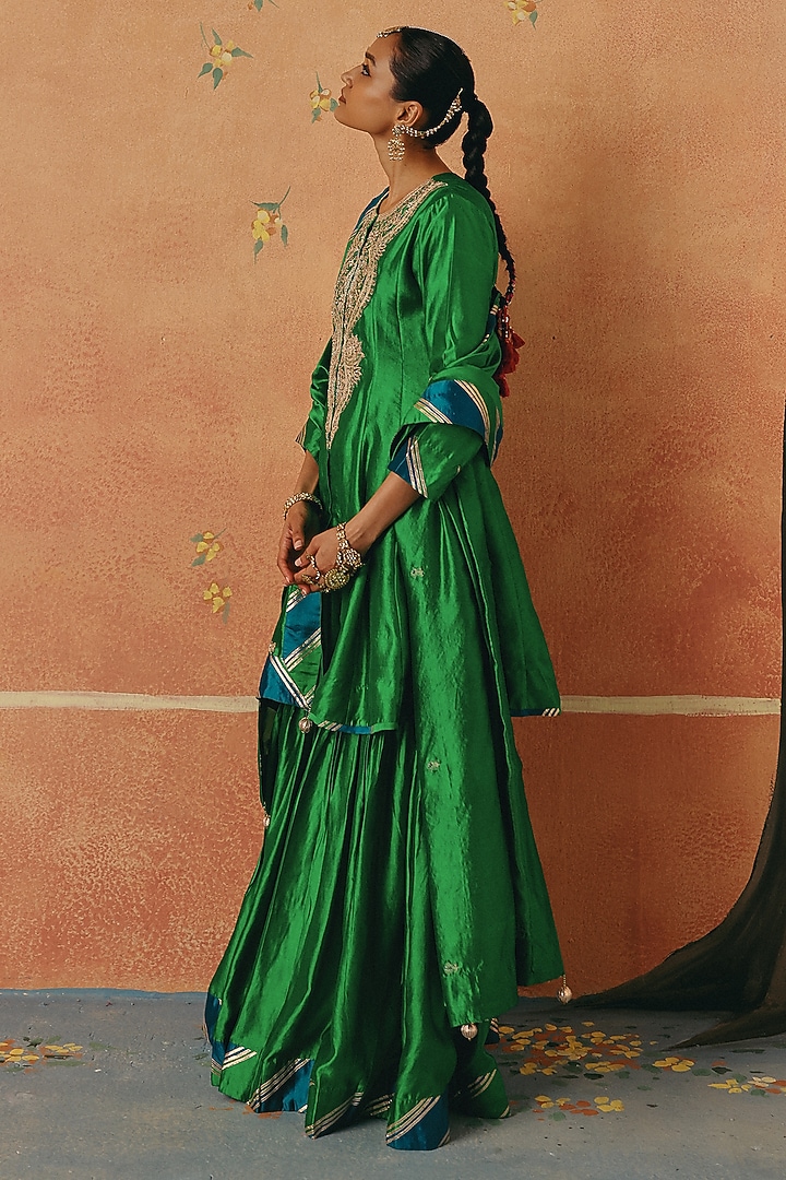 Green Silk Chanderi Wedding Sharara Set by Pink City By Sarika at Pernia's Pop Up Shop