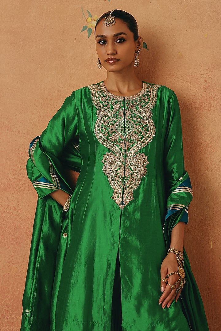 Green Silk Chanderi Wedding Sharara Set by Pink City By Sarika at Pernia's Pop Up Shop