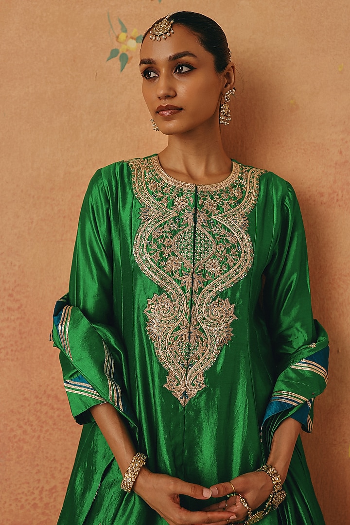 Green Silk Chanderi Wedding Sharara Set by Pink City By Sarika at Pernia's Pop Up Shop